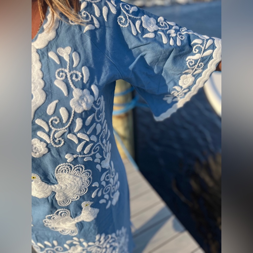 Frances Valentine Blue and White Peacock Caftan Embroidered Dress - Picture 2 of 6